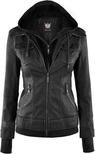 Vista 24 de Lock and Love Chaqueta Abrigo de Moto Motociclista de Piel Sintética para Mujer con Capucha Extraíble o No Extraíble Wjc1044_negro
