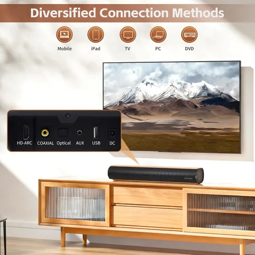 Vista 7 de Barra de sonido para Smart TV, barra de sonido de 50 W con conexión Bluetooth/ARC/óptica/AUX, aumento de volumen automático