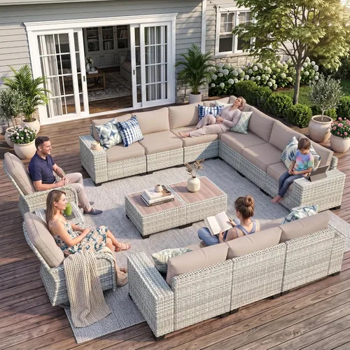 Vista 87 de Muebles de patio al aire libre conjunto PE mimbre ratán al aire libre sofá seccional Gris