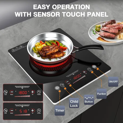 Vista 6 de VBGK - Cocina eléctrica de un solo quemador, estufa eléctrica de 110 V y 1800 W con control táctil LED, quemador eléctrico único de 9 niveles