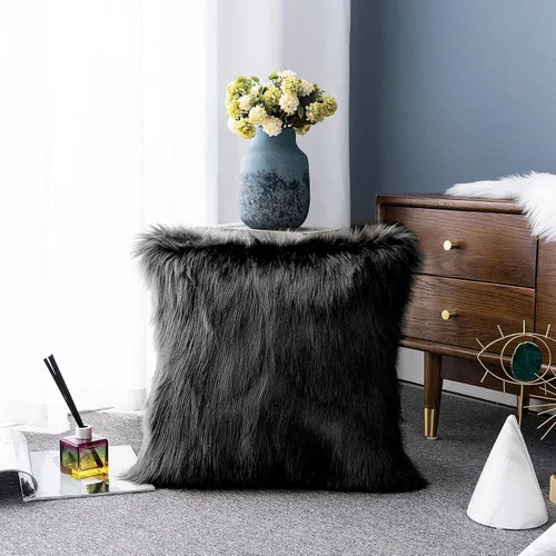 Vista 6 de LIGICKY Serie de Lujo Funda de Cojín Suave de Pelo Sintético Funda Decorativa Cuadrada de Felpa para Sofá, Cama, 40,6 x 40,6 cm, Negro