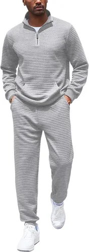 Vista 15 de COOFANDY Chándal para Hombre de 2 Piezas con Cremallera de un Cuarto Conjunto de Entrenamiento Jacquard a Cuadros para Trotar Verde militar