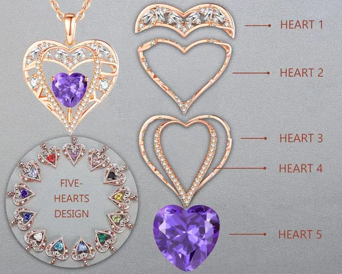 Vista 17 de Collar de cristal de 5 corazones, chapado en oro rosa de 18 quilates, colgante con cadena de plata de ley 925 de 18 + 2 pulgadas, joyería de piedra
