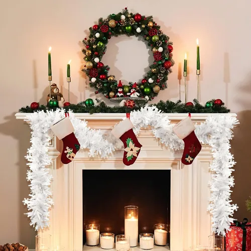 Vista 3 de Dingion Guirnalda de oropel blanca de 50 pies, guirnalda blanca para árbol de Navidad, adornos de torsión esponjosa para vacaciones de invierno