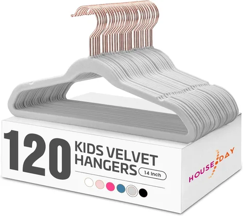 Vista 17 de HOUSE DAY Perchas de terciopelo para bebé, perchas de terciopelo para armario, paquete de 60 perchas antideslizantes para niños pequeños de 11.8