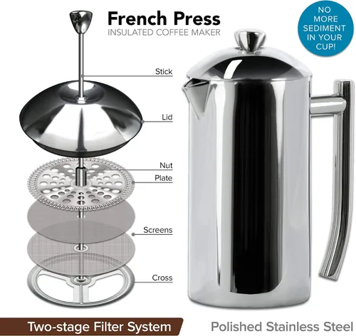 Vista 2 de Cafetera de prensa francesa Frieling - 23 oz, acero inoxidable de doble pared pulido - Prensa francesa aislada para acampar - Cafetera de café