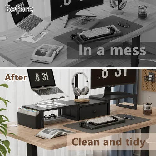 Vista 5 de LAND·VOI Soporte Dual para Monitor con Cajón y Bolsillos Laterales, Elevador de Monitor para Escritorio, Almacenamiento para Escritorio de Oficina