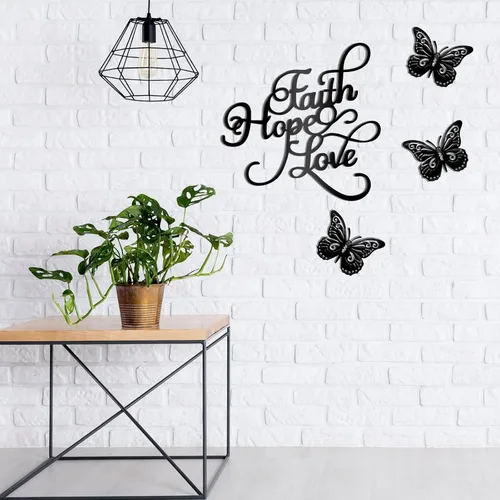 Vista 7 de Moxweyeni 4 piezas de decoración de pared de metal con texto en inglés «Faith Hope Love» («Faith Hope Love») con letras negras inspiradoras, arte