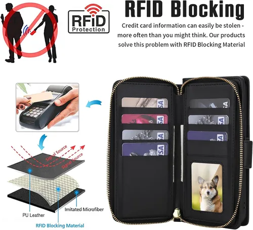 Vista 4 de Asuwish Funda compatible con iPhone 6/6s/7/8/SE 2020 2022 con cremallera y bloqueo RFID, protector de pantalla, correa cruzada i6 i7 i8 7s 8s SE2020