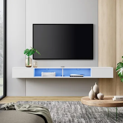 Vista 10 de WAMPAT Estante flotante de TV de 70 pulgadas con luz LED amarilla, soporte de TV flotante blanco montado en la pared con almacenamiento para TV