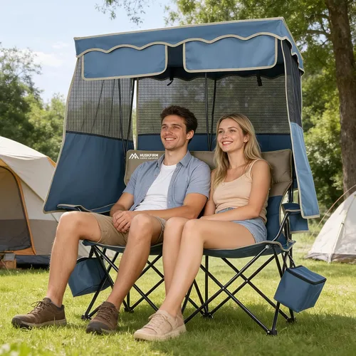 Vista 2 de Silla de playa doble con toldo, silla de camping con toldo, silla de campamento doble de gran tamaño con dosel, silla plegable de dos plazas con dos