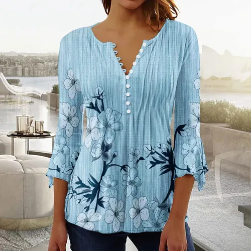 Vista 31 de Ceboyel Blusa tipo túnica con estampado floral para mujer, con botones, estilo Henley, con manga de codo, casual, trajes de moda para mujer