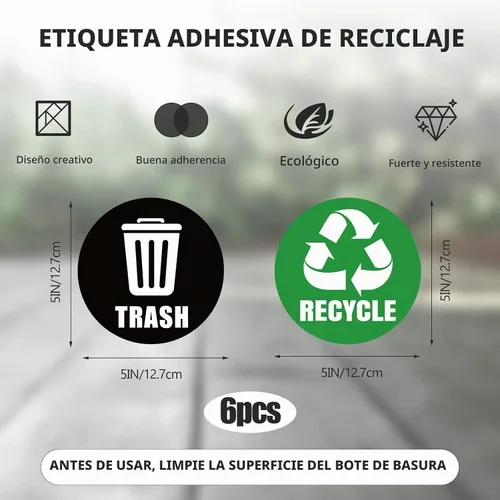 Vista 3 de Calcomanías autoadhesivas con logotipo de reciclaje y basura, letreros redondos para botes de basura y contenedores de basura (6 unidades)