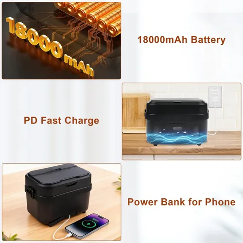 Vista 3 de Fiambrera eléctrica inalámbrica para adultos, lonchera recargable de 18000 mAh, 1.5L (6.3 tazas), calentador de alimentos portátil autocalentable