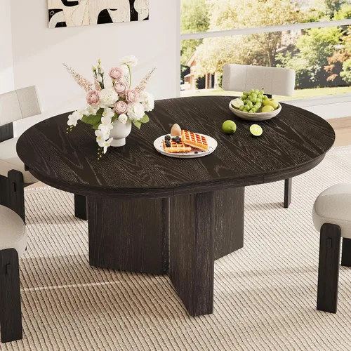Vista 10 de Mesa de comedor extensible ovalada de madera con base de pedestal Marrón