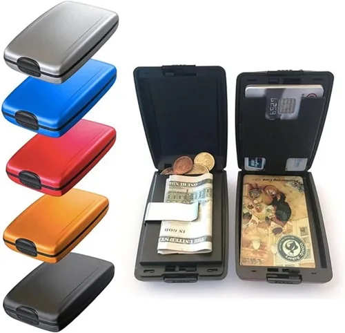 Vista 6 de Billetera de acero inoxidable con clip Pro Secure Tech, carteras antirrobo con calcomanías de bricolaje, impermeable, plegable, delgada, de aleación