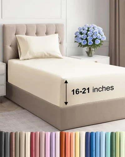 Vista 129 de Juego de sábanas tamaño Queen con bolsillos extra profundos, sábanas transpirables y refrescantes de 4 piezas, ropa de cama de lujo para hotel