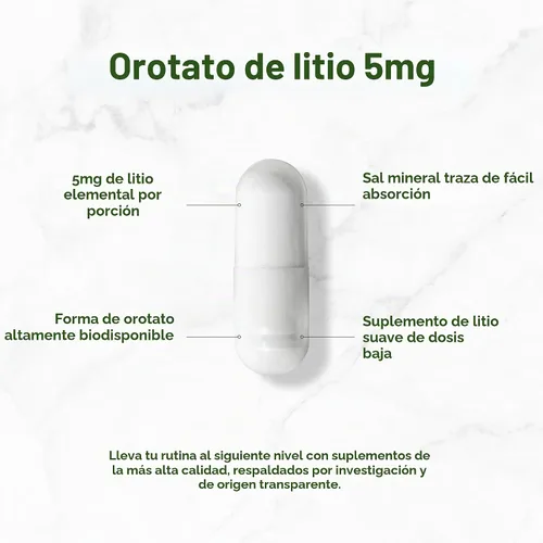 Vista 3 de Orotato de litio de 5 mg, 240 cápsulas – Suplementos de litio altamente biodisponibles y estables – Sal mineral de fácil absorción en forma suave