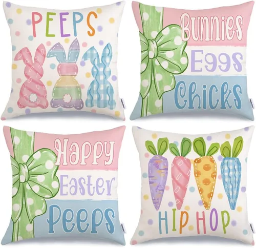 Vista 10 de GEEORY Happy Easter Eggs Hello Peeps - Juego de 4 fundas de almohada de 18 x 18 pulgadas, diseño de conejito de conejito con lunares, decoración