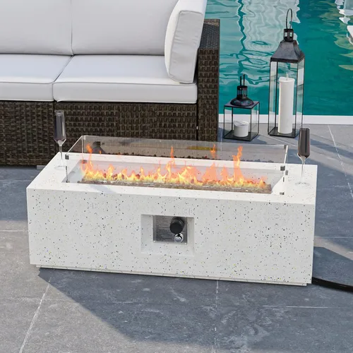 Vista 8 de HOMPUS Fogata de propano para exteriores, 40,000 BTU de 28 pulgadas, mesa redonda de hormigón de terrazo blanco con rocas de lava y cubierta