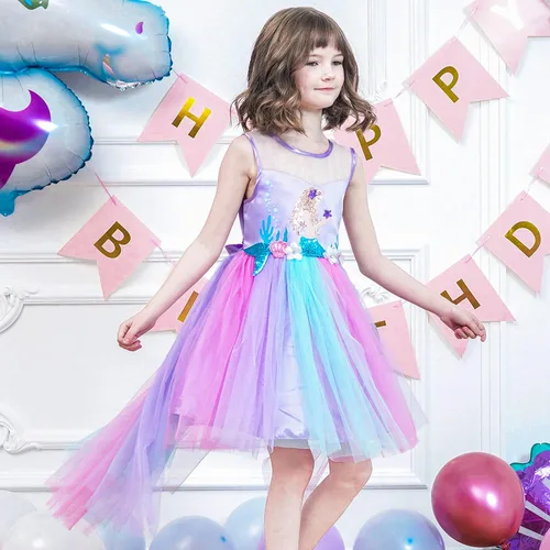 Vista 4 de Sunny Fashion Vestido de flores para niñas, unicornio, arco iris, concurso de princesa, fiesta, Arco iris