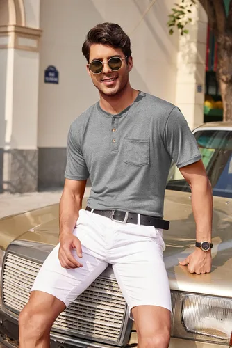 Vista 3 de COOFANDY Paquete de 3 camisetas Henley de manga corta para hombre, estilo casual, básicas, de verano, con bolsillo
