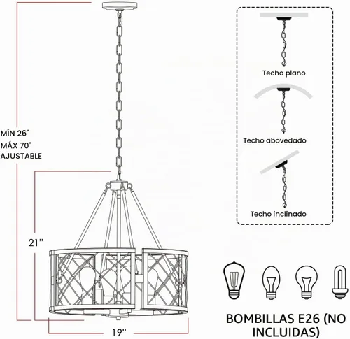 Vista 5 de SANTOSTOCK Candelabro Moderno de Granja, Lámpara de Araña Rústica de 4 Luces para Comedor, Accesorio de Iluminación para Isla de Cocina, Luz Madera