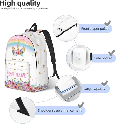 Vista 5 de Mochila personalizada para niñas y niños, mochilas personalizadas con nombre para niños, mochila escolar personalizada para viajes, Unicornio -2