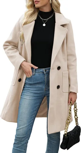 Vista 8 de Bankeng Chaqueta de solapa de doble botonadura con muesca para mujer, mezcla de lana de camello Verde Armada (ArmyGreen)