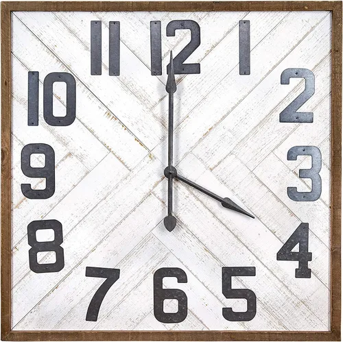 Vista 8 de Creative Co-Op Farmhouse Square Herringbone Wood Inlay and Metal Wall Clock, Distressed Brown