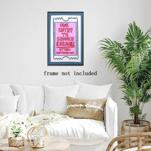 Vista 4 de Arte de pared moderno en rosa y azul con entrada a la ducha, póster de karaoke, decoración divertida para baño, señales retro para baño, decoración