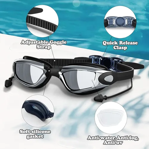 Vista 3 de Gafas de natación, antivaho anti-UV, sin fugas, gafas de natación ajustables con visión clara para mujeres y hombres