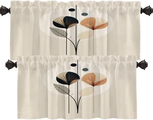 Vista 49 de Shrahala Floral Abstract Design Blackout Curtain Tiers, Minimalist Flower Illustration Kitchen Valance Light Blocking Tier Drapes with Rod Pocket, 2