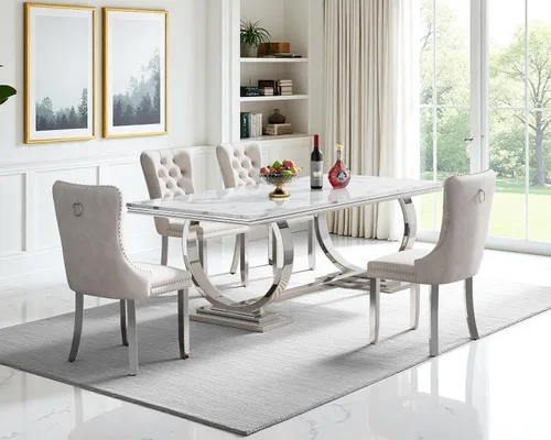 Vista 52 de Juego de mesa de comedor de 5 piezas para 4, mesa de cocina de mármol negro de 68 pulgadas con 4 sillas beige, mesa de comedor rectangular moderna
