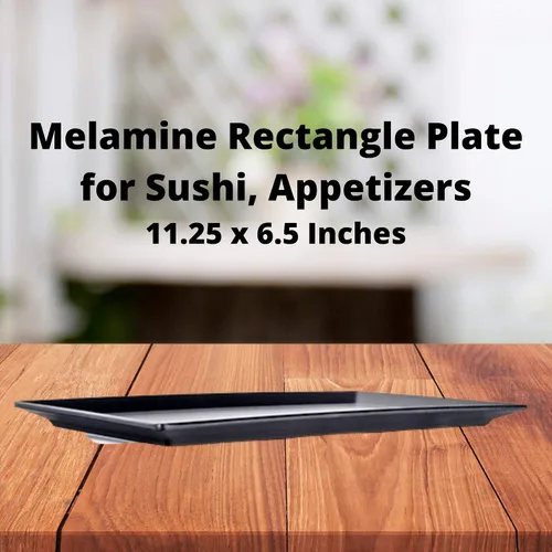 Vista 3 de Needzo Plato rectangular negro de melamina para sushi, plato de aperitivo asiático, vajilla de cocina japonesa, 11 1/4 x 6 1/2 pulgadas, juego de 2