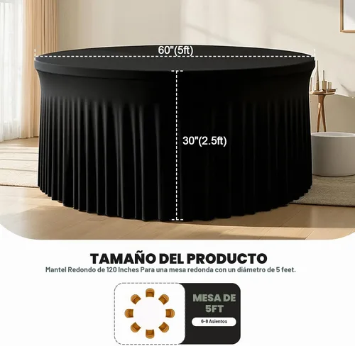 Vista 3 de Mantel redondo de 60 pulgadas en negro para mesas de 5 pies, funda de mesa ajustada de elastano con borde elástico y falda, lavable, sin arrugas