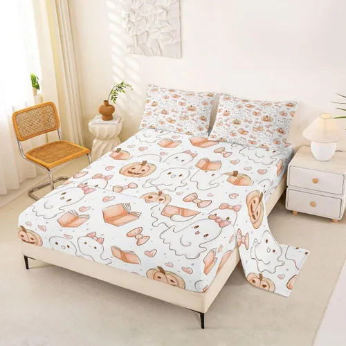Vista 32 de Feelyou Cat Bed Sheets Set Twin Size Halloween Themed Bed Set Trick or Treat Deep Pocket Fitted Sheet Scaredy Cat Breathable Soft Lightweight