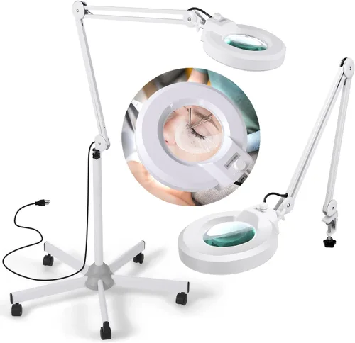 Vista 8 de Lámpara de pie con aumento 10X con 5 ruedas base rodante para esteticistas – 2,200 lúmenes LED regulable luz con lupa, lupa iluminada para leer
