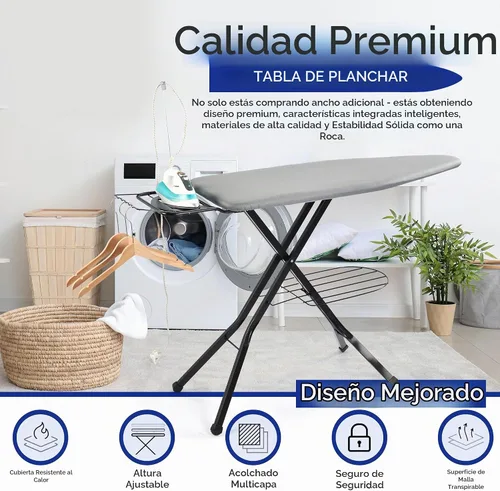Vista 5 de BKTD Tabla de planchar extra ancha: superficie grande de 48"×18" (57" con soporte para plancha) • Perchero integrado para ropa, colgador y soporte