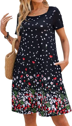 Vista 3 de Sherosa - Vestido de verano sin mangas o con manga corta, estampado floral, con bolsillos, casual, suelto, con vuelo, vestido estilo camiseta