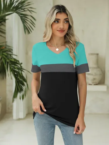 Vista 2 de Minetom Camisetas de manga corta con cuello en V para mujer, camisetas casuales de verano