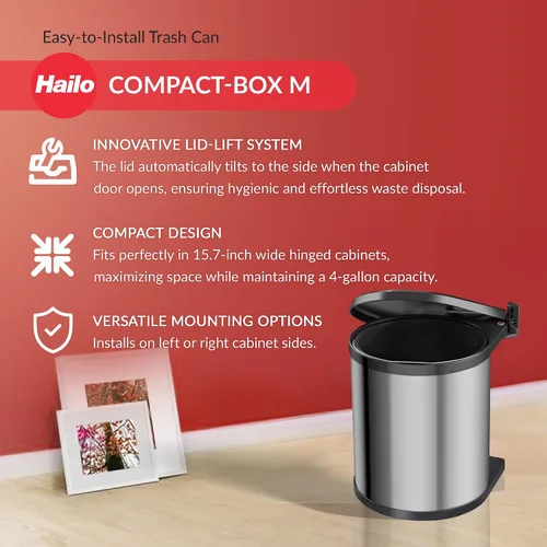 Vista 2 de Hailo Compact-Box M - Bote de basura de 4 galones, elevador de tapa, pequeño cubo de cocina, acero inoxidable