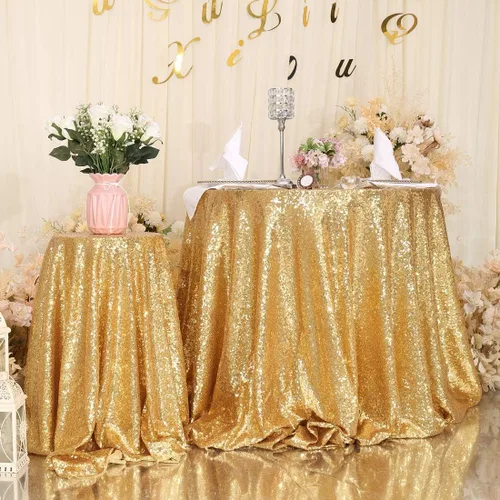 Vista 3 de Eternal Beauty Mantel de lentejuelas doradas de 120 pulgadas, mantel redondo brillante con purpurina para decoración de bodas, fiestas de cumpleaños