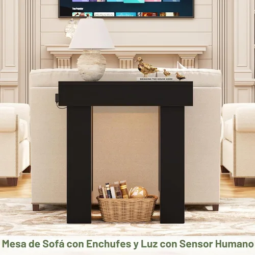 Vista 4 de Unikito Mesa de entrada de 32 pulgadas con enchufe y sensor de luz, mesa consola estrecha con almacenamiento detrás del sofá, mesa de entrada