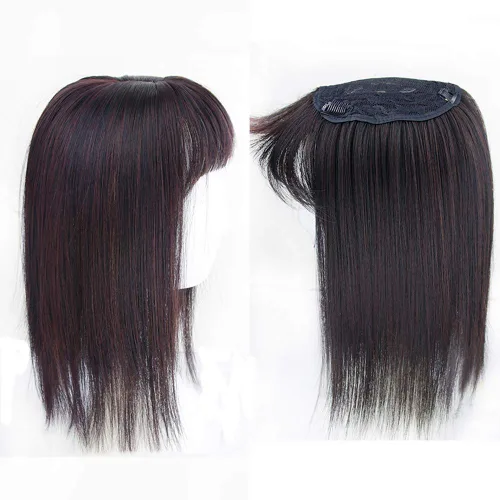 Vista 6 de Parte media recta para cabello con flequillo limpio para cabello fino para mujer, postizo de frente de 14 pulgadas, marrón oscuro