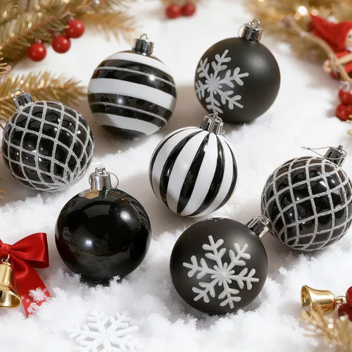 Vista 4 de SHareconn 30 bolas de árbol de Navidad de 2.36 pulgadas, adornos en blanco Blanco y negro