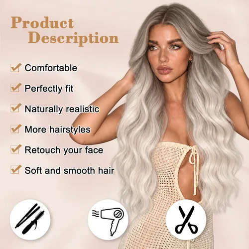 Vista 2 de NAYOO Ash Blonde Wig for Women, 26 Inch Middle Part Wavy Synthetic Wig
