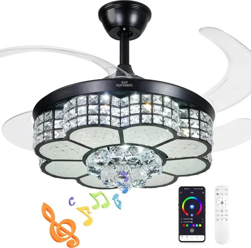 Vista 2 de BAYSQUIRREL Ventilador de techo retráctil de cristal con luz, ventiladores de techo Bluetooth con altavoz y control remoto/APP, 6 velocidades, aspas
