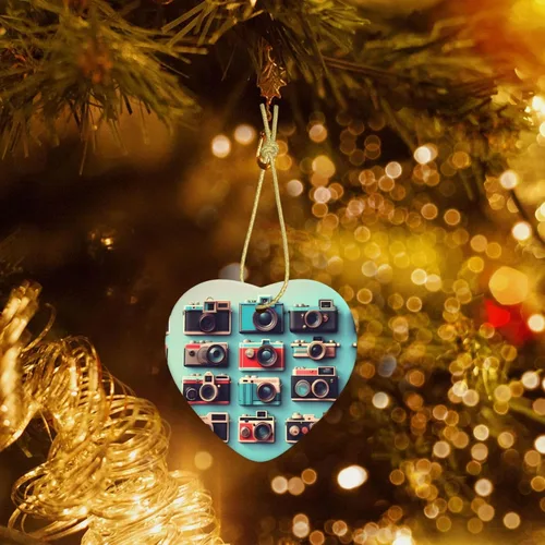 Vista 7 de Retro Cool Camera Collection Print Christmas Tree Ceramic Heart Shape Hanging Ornament, Christmas Home/Mall Decor