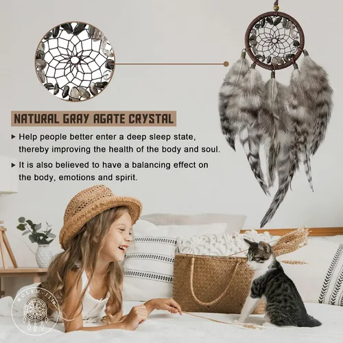 Vista 2 de Mini atrapasueños – Pluma de pollo con ágata gris, pequeño atrapasueños hecho a mano para dormitorio, un atrapasueños para niñas y niños, decoración